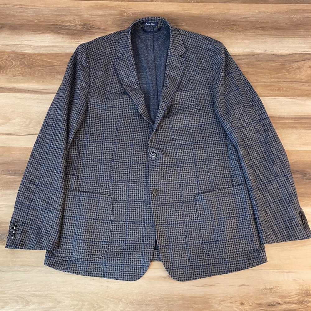 Lands' End Sport Coat 44 Reg Houndstooth Wool Blend Traditional Fit Grey Navy